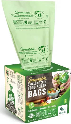 UNNI Compostable Liner Bags, 4 Gallon, 15 Liter, 100 Count, 0.75 Mil Extra Thick, Food Scrap Bags for Small Bins, ASTM D6400, US BPI, CMA and Europe OK compost HOME Certified, San Francisco