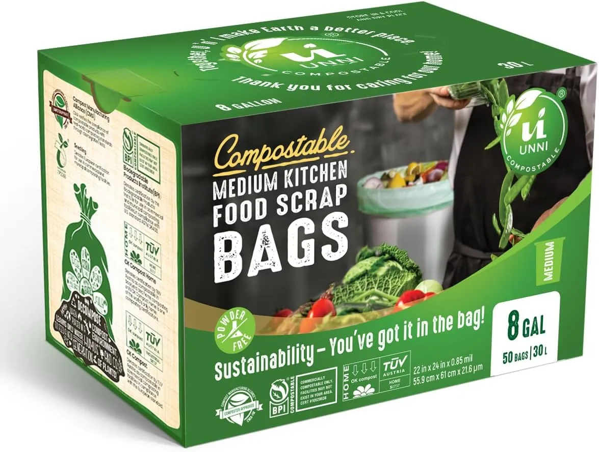 UNNI Compostable Liner Bags, 6-8 Gallon, 30 Liter, 50 Count, 0.85 Mil Heavy Duty, Food Scrap Bags for Medium Bins, ASTM D6400, US BPI, CMA and Europe OK compost HOME Certified, San Francisco