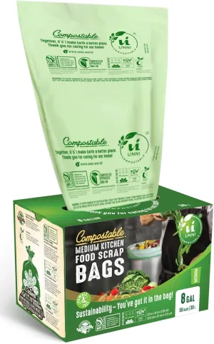 UNNI Compostable Liner Bags, 6-8 Gallon, 30 Liter, 50 Count, 0.85 Mil Heavy Duty, Food Scrap Bags for Medium Bins, ASTM D6400, US BPI, CMA and Europe OK compost HOME Certified, San Francisco