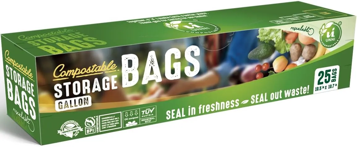 UNNI Compostable Storage Bags, Gallon, Resealable Compostable Food Storage Bags,100 Count,10.5 x 10.7 inches,Earth Friendly Highest ASTM D6400,US BPI, CMA & Europe OK Compost Certified, San Francisco
