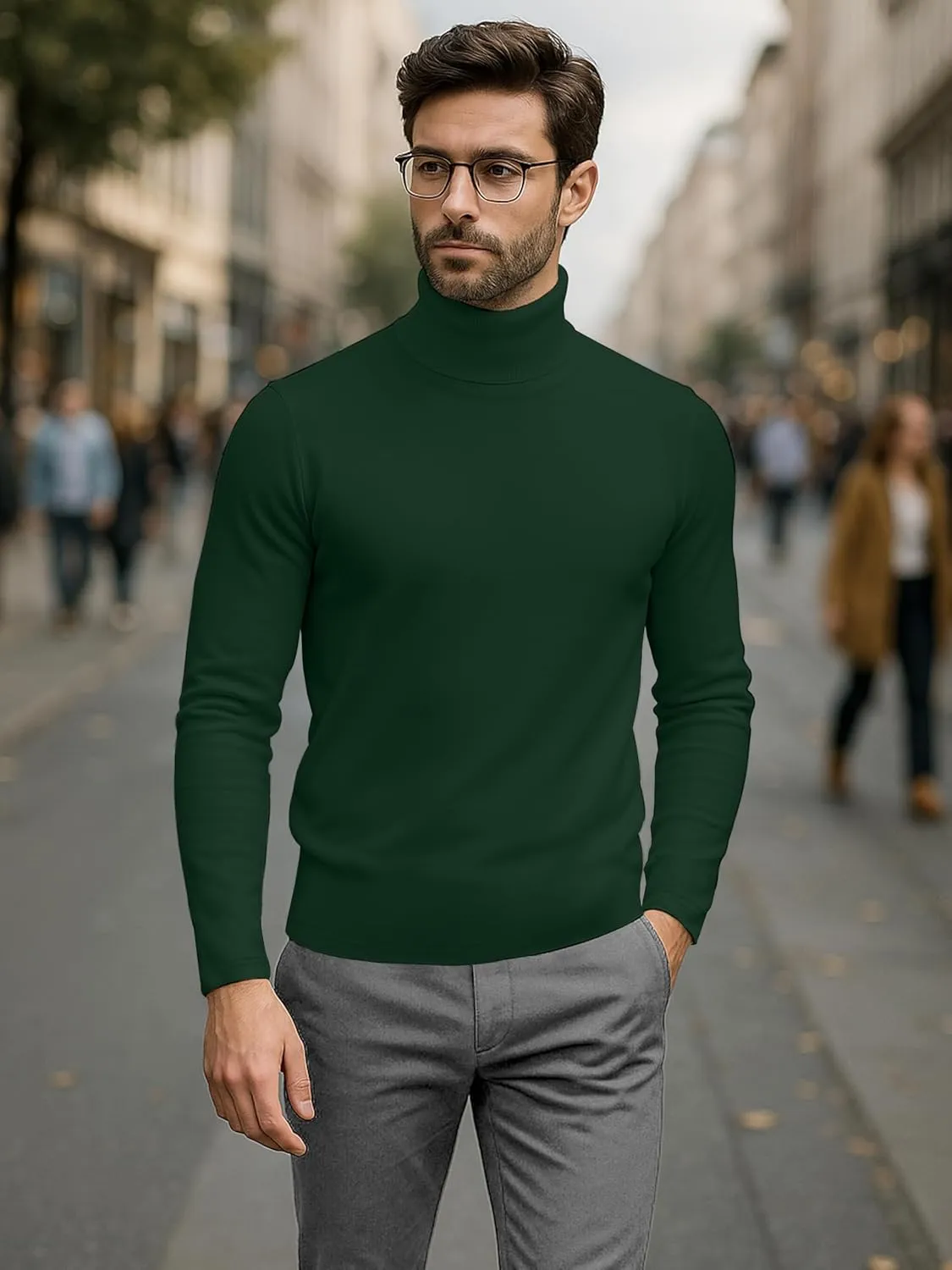 URBAN BUCK Turtleneck Men Shirt Long Sleeve Ribbed Knitted Casual TShirt Slim Fit Cotton Turtle Neck Pullover Sweater