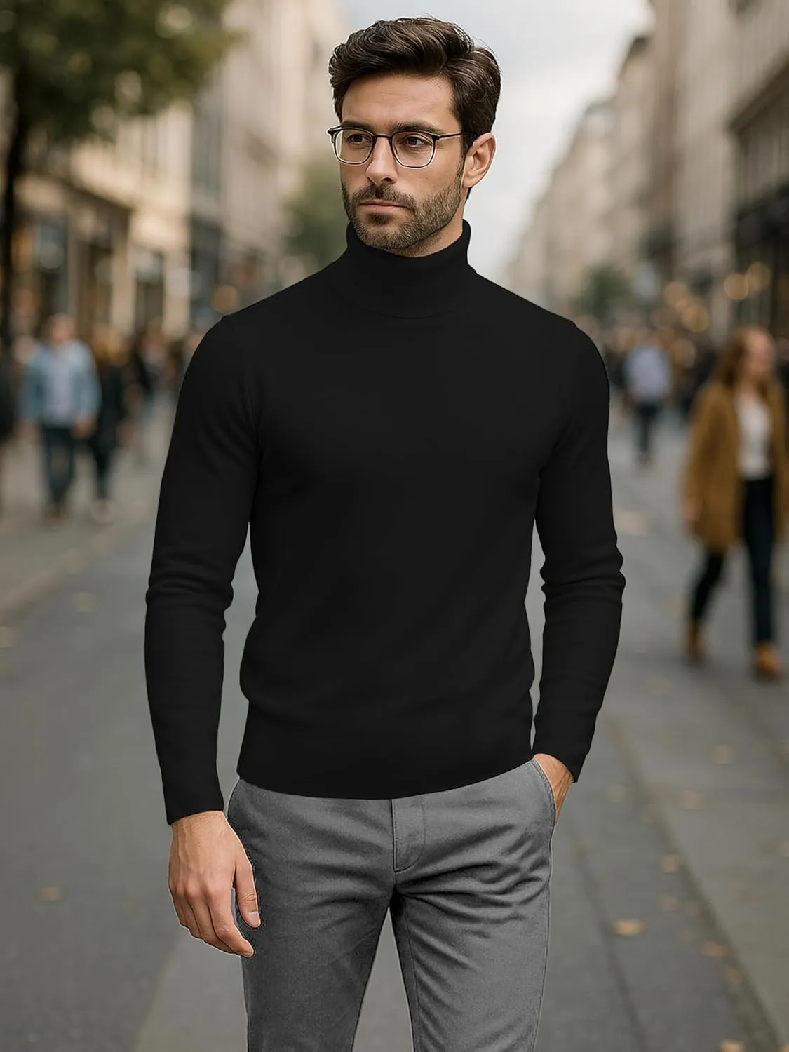URBAN BUCK Turtleneck Men Shirt Long Sleeve Ribbed Knitted Casual TShirt Slim Fit Cotton Turtle Neck Pullover Sweater