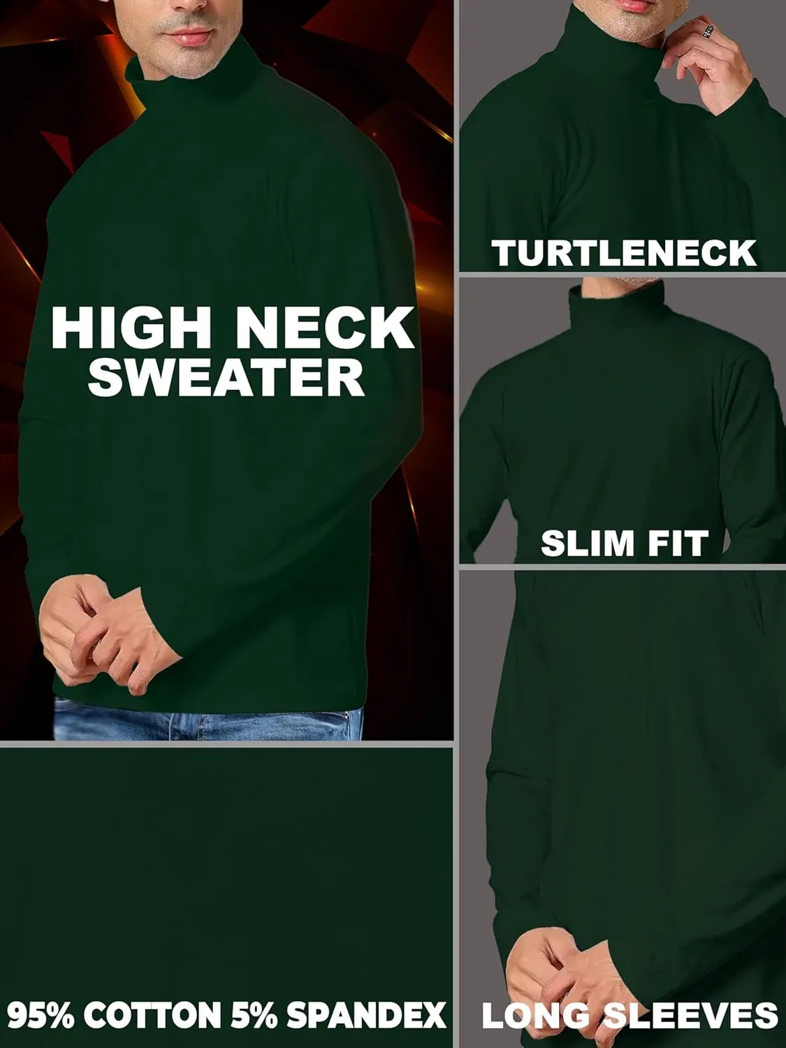 URBAN BUCK Turtleneck Men Shirt Long Sleeve Ribbed Knitted Casual TShirt Slim Fit Cotton Turtle Neck Pullover Sweater