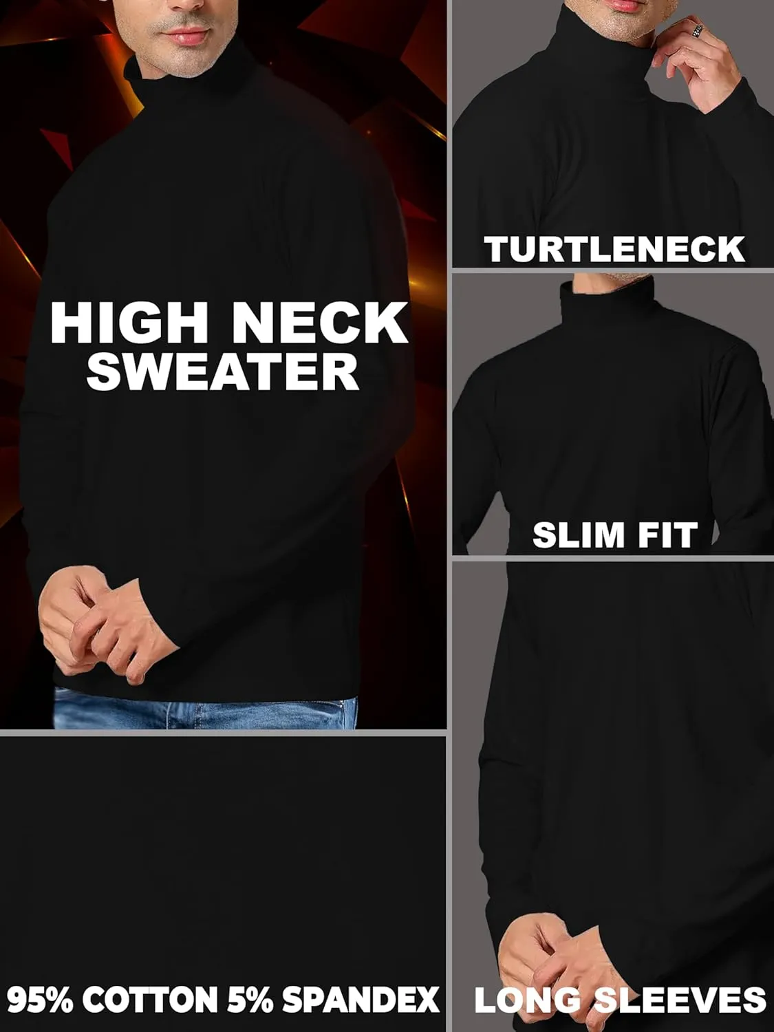 URBAN BUCK Turtleneck Men Shirt Long Sleeve Ribbed Knitted Casual TShirt Slim Fit Cotton Turtle Neck Pullover Sweater