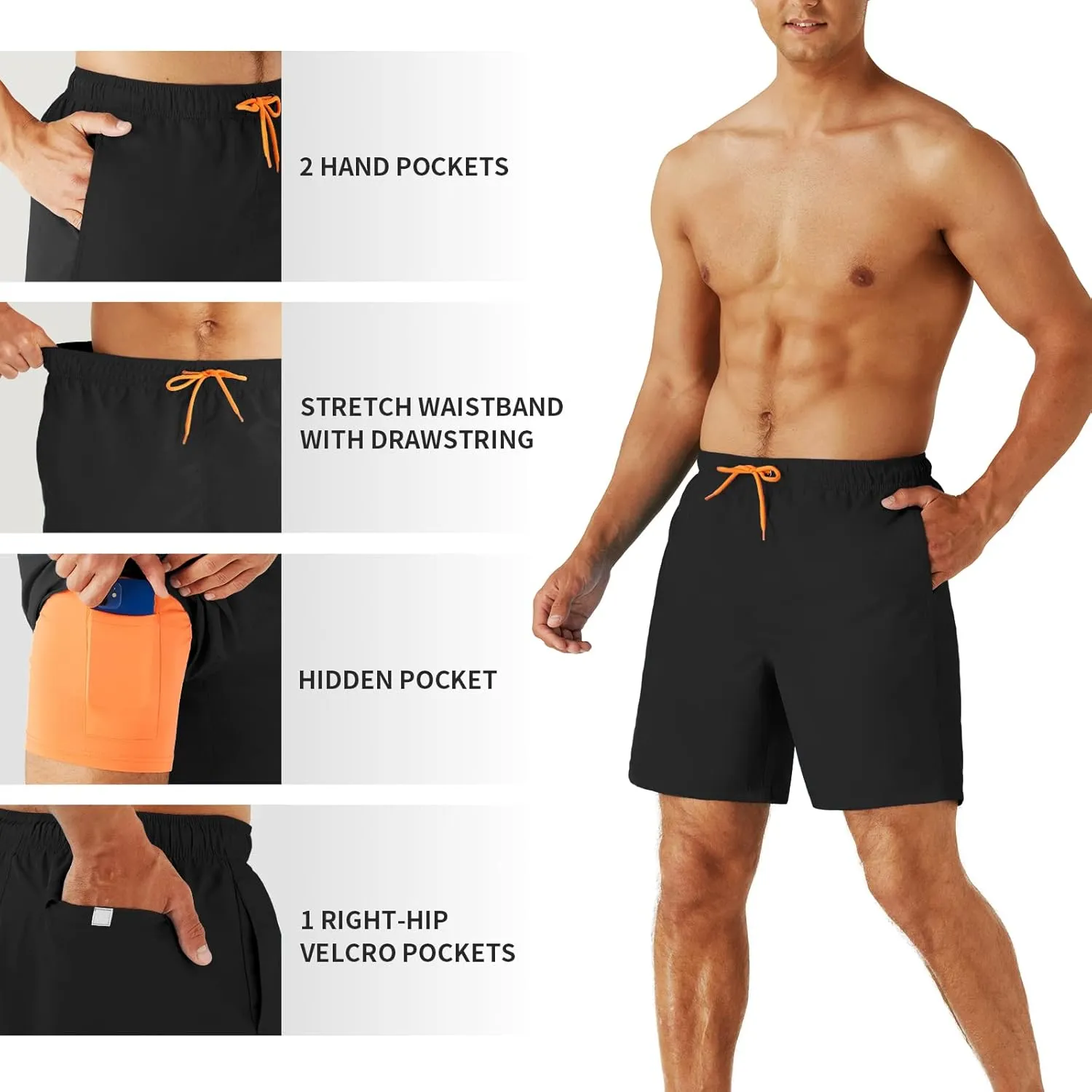 URBEST Men's Swim Trunks with Compression Liner Quick Dry Beach Shorts with Pockets for Beach and Swimming