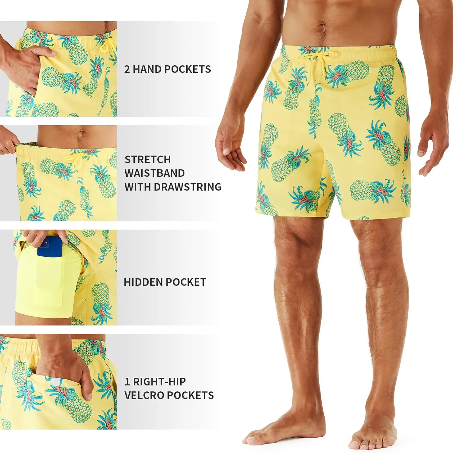 URBEST Men's Swim Trunks with Compression Liner Quick Dry Beach Shorts with Pockets for Beach and Swimming