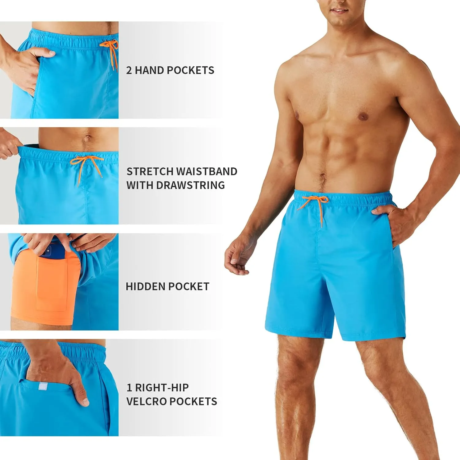 URBEST Men's Swim Trunks with Compression Liner Quick Dry Beach Shorts with Pockets for Beach and Swimming