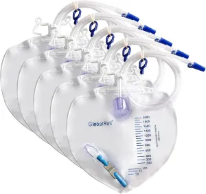 Urinary Drainage Bag with Anti-Reflux Chamber, Bedside Drainage Bag 2000 mL with 48" Drainage Tube, Hook Hanger and Clips, Urine Bag with Metals Buckle for Home and Hospitals, 5 Pack