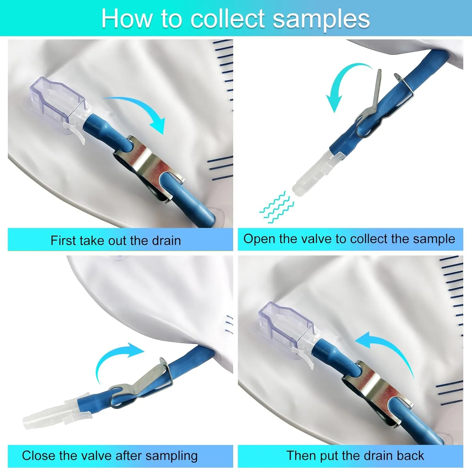 Urinary Drainage Bag with Anti-Reflux Chamber, Bedside Drainage Bag 2000 mL with 48" Drainage Tube, Hook Hanger and Clips, Urine Bag with Metals Buckle for Home and Hospitals, 5 Pack