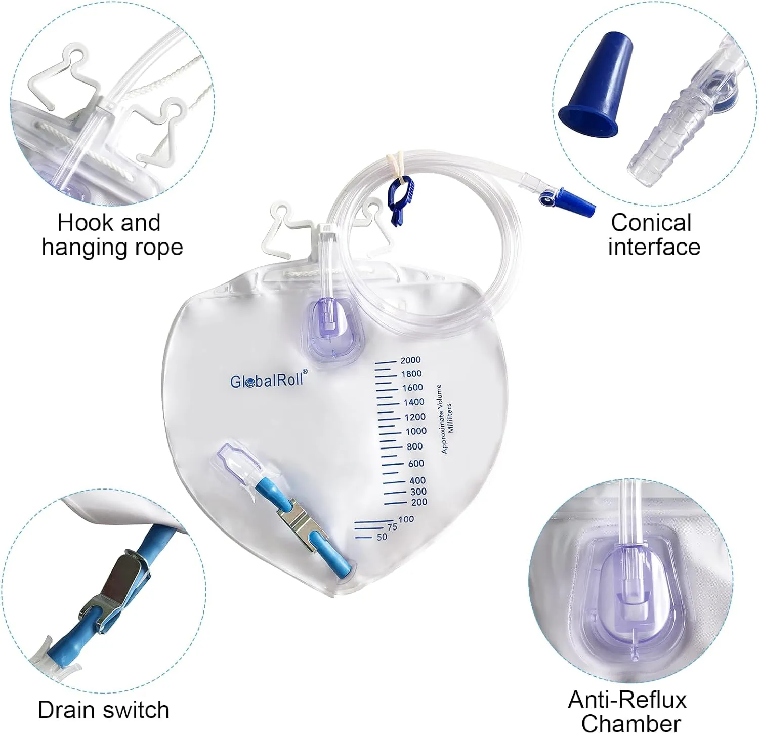 Urinary Drainage Bag with Anti-Reflux Chamber, Bedside Drainage Bag 2000 mL with 48" Drainage Tube, Hook Hanger and Clips, Urine Bag with Metals Buckle for Home and Hospitals, 5 Pack