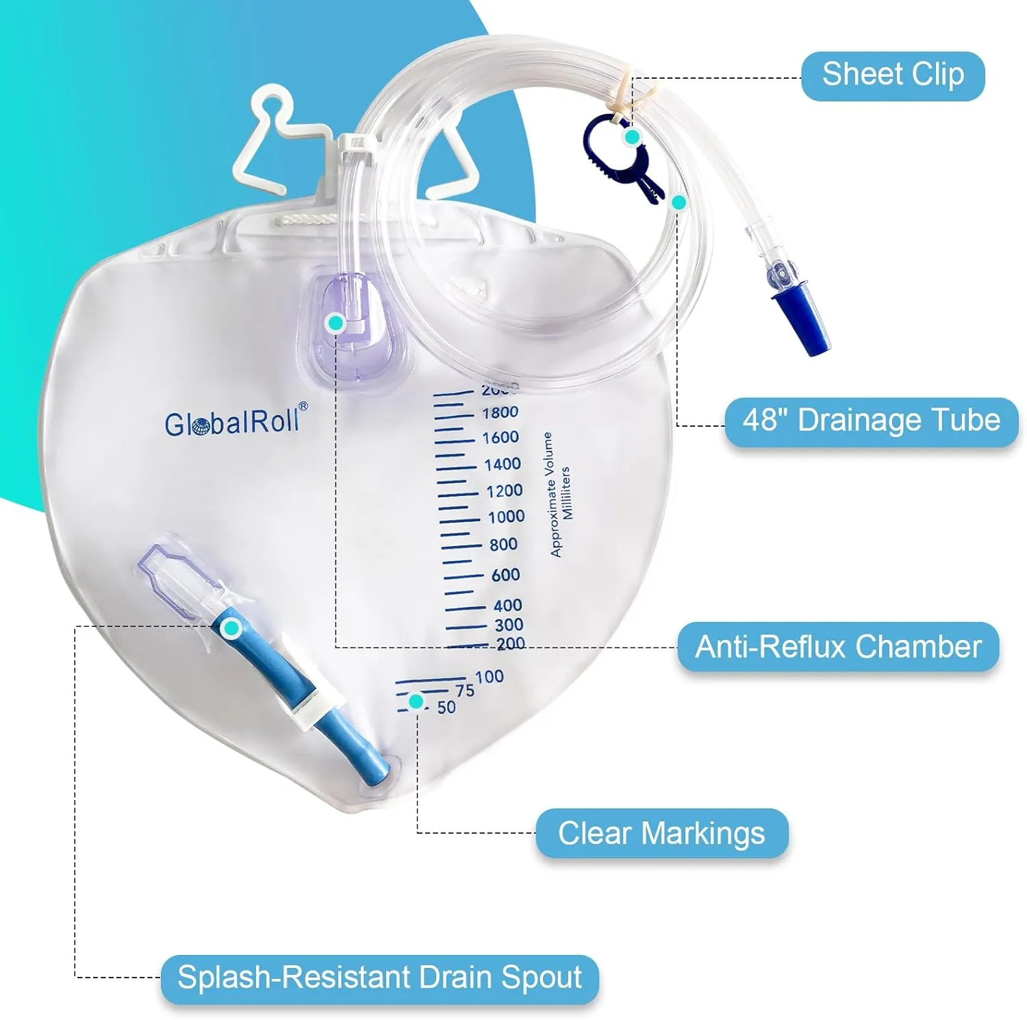 Urinary Drainage Bag with Anti-Reflux Chamber, Bedside Drainage Bag 2000 mL with 48" Drainage Tube, Hook Hanger and Clips, Urine Bag with Plastic Buckle for Home and Hospitals, 10 Pack