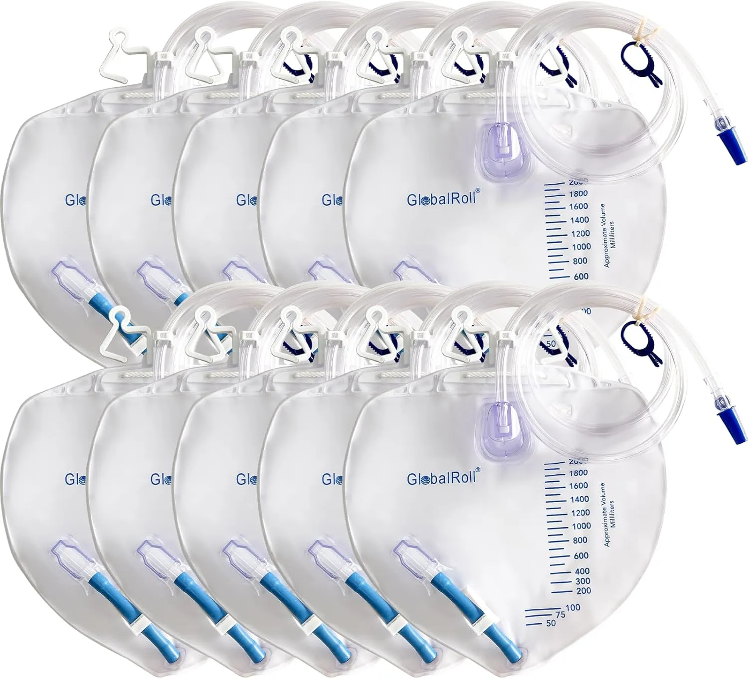 Urinary Drainage Bag with Anti-Reflux Chamber, Bedside Drainage Bag 2000 mL with 48" Drainage Tube, Hook Hanger and Clips, Urine Bag with Plastic Buckle for Home and Hospitals, 10 Pack