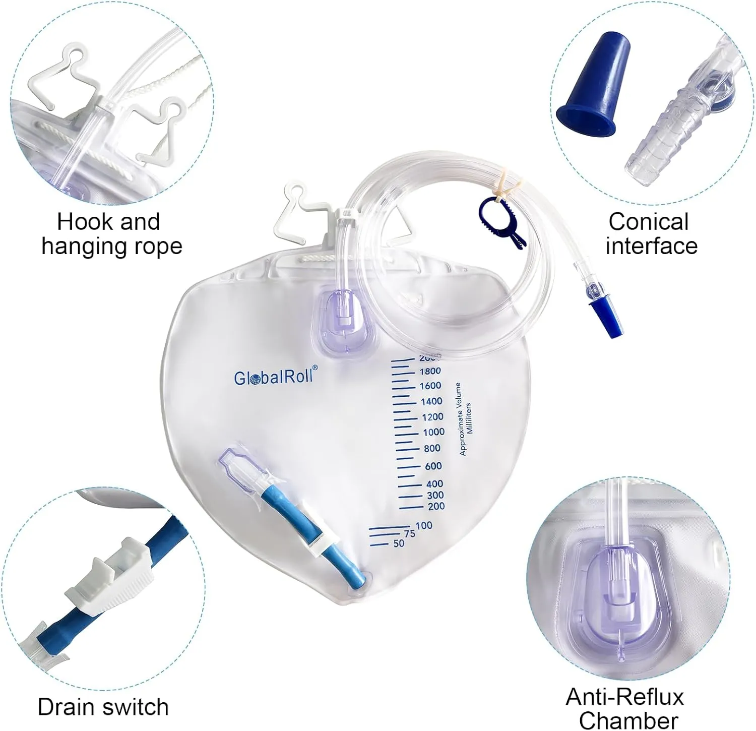 Urinary Drainage Bag with Anti-Reflux Chamber, Bedside Drainage Bag 2000 mL with 48" Drainage Tube, Hook Hanger and Clips, Urine Bag with Plastic Buckle for Home and Hospitals, 10 Pack