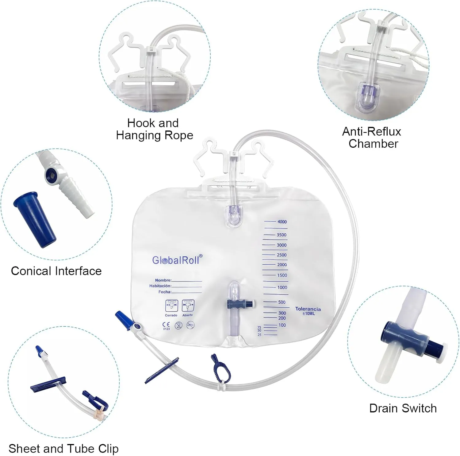 Urinary Drainage Bag with Anti-Reflux Chamber, Bedside Drainage Bag 4000 mL with 48" Drainage Tube, Hook Hanger and Clips, Large Capacity Urine Bag for Home and Hospitals, 3 Pack
