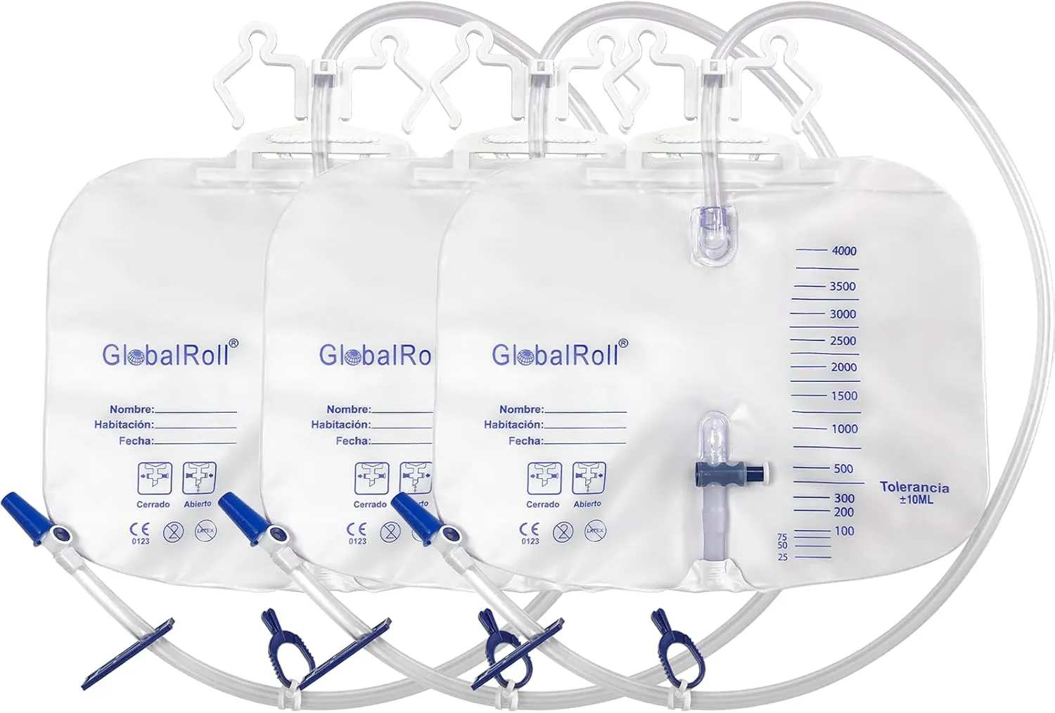 Urinary Drainage Bag with Anti-Reflux Chamber, Bedside Drainage Bag 4000 mL with 48" Drainage Tube, Hook Hanger and Clips, Large Capacity Urine Bag for Home and Hospitals, 3 Pack