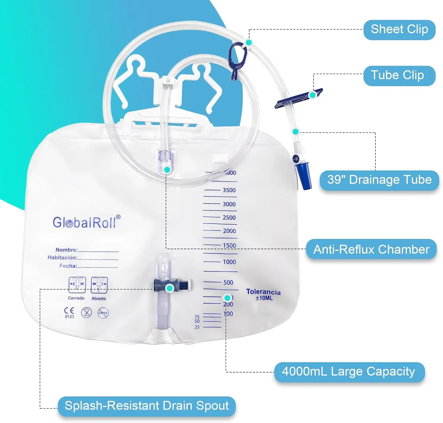 Urinary Drainage Bag with Anti-Reflux Chamber, Bedside Drainage Bag 4000 mL with 48" Drainage Tube, Hook Hanger and Clips, Large Capacity Urine Bag for Home and Hospitals, 3 Pack