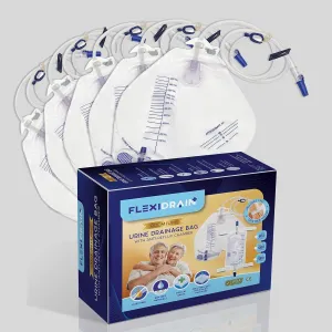Urinary Drainage Bag with Anti-Reflux Chamber, FlexiDrain Urine Bags with 2000 mL Volume, 48" Drainage Tube, Clips and Hanging Hook, Professional Urinary Bag for Home and Hospitals Health Aids, 5 Pack