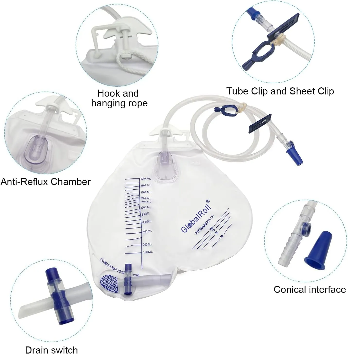 Urinary Drainage Bag with Anti-Reflux Chamber, Urine Bag with 2000 mL Volume, 48" Drainage Tube, Clips and Hanging Hook, Professional Urinary Bag for Home and Hospitals Health Aids, 5 Pack