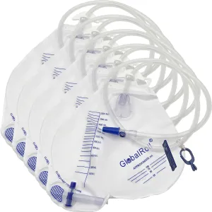 Urinary Drainage Bag with Anti-Reflux Chamber, Urine Bag with 2000 mL Volume, 48" Drainage Tube, Clips and Hanging Hook, Professional Urinary Bag for Home and Hospitals Health Aids, 5 Pack