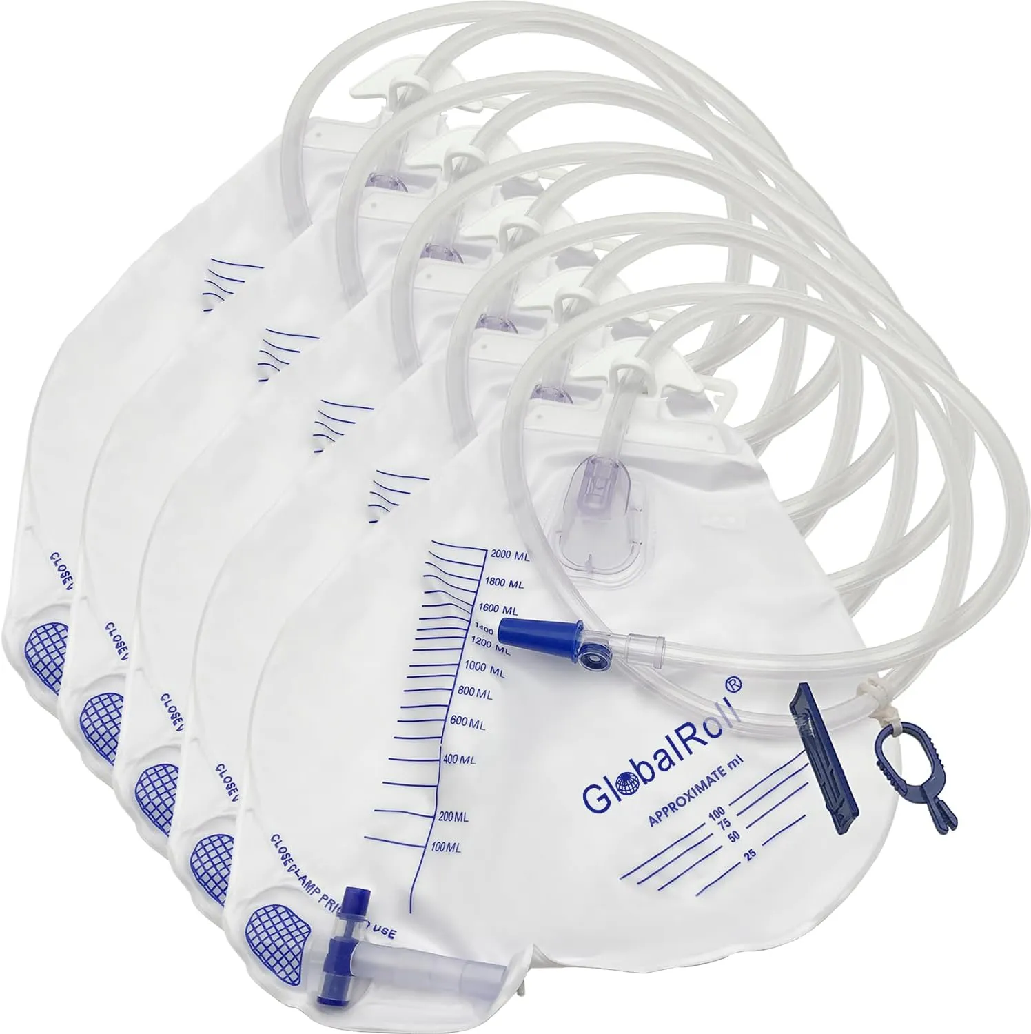 Urinary Drainage Bag with Anti-Reflux Chamber, Urine Bag with 2000 mL Volume, 48" Drainage Tube, Clips and Hanging Hook, Professional Urinary Bag for Home and Hospitals Health Aids, 5 Pack