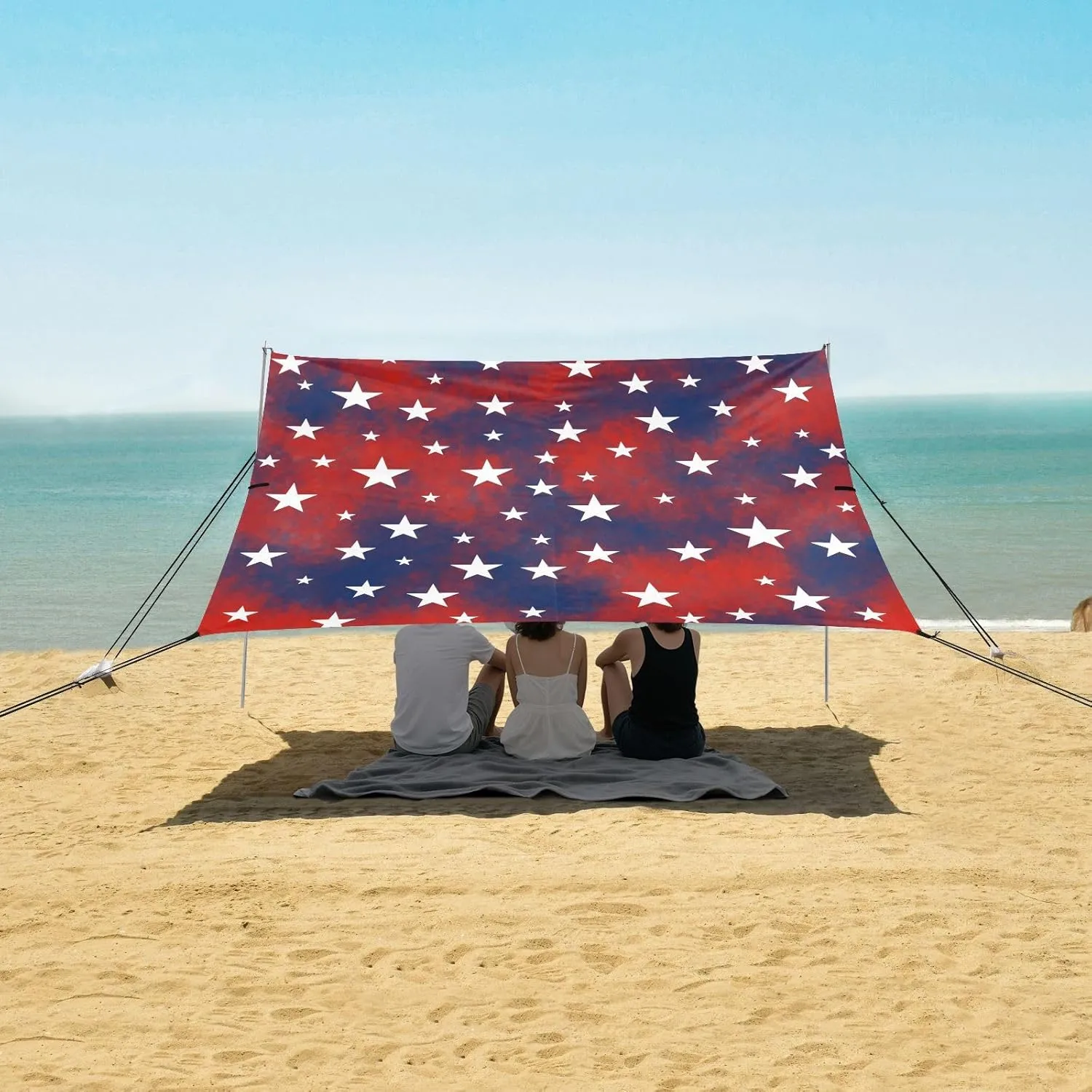 USA Star Tie Dye Beach Canopy Tent Anti-UV & Wind Resistant, Camping Sun Shelter Easy Setup Portable,Outdoor Shade Tents with Sandbags,Sand Shovels,Ground Pegs & Stability Poles
