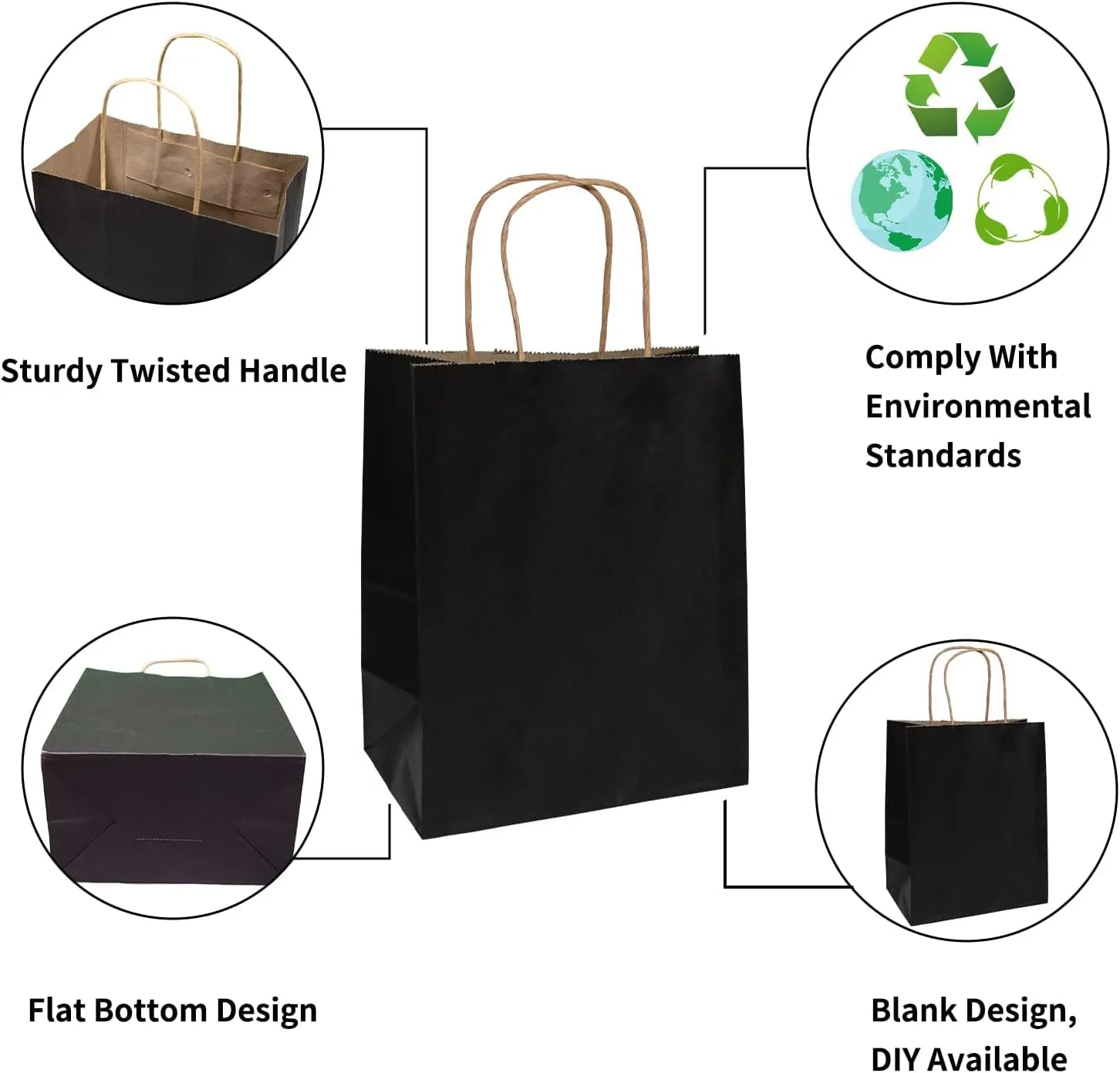 vanhel Gift Bags with Handles - 8x4.25x10.5 Inches, 10 Pcs Party & Shopping Bags - Kraft Paper, Black - Bulk Retail, Wedding,Party, Sacks Recyclable
