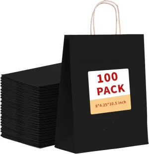 vanhel Gift Bags with Handles - 8x4.25x10.5 Inches, 10 Pcs Party & Shopping Bags - Kraft Paper, Black - Bulk Retail, Wedding,Party, Sacks Recyclable