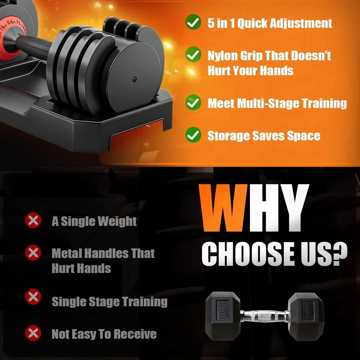 VEICK 25/55 lbs Adjustable Dumbbell With Anti-Slip Turning Handle, Fast Adjust Weight for Men Women, Tray for Home Gym Full Body Workout Fitness