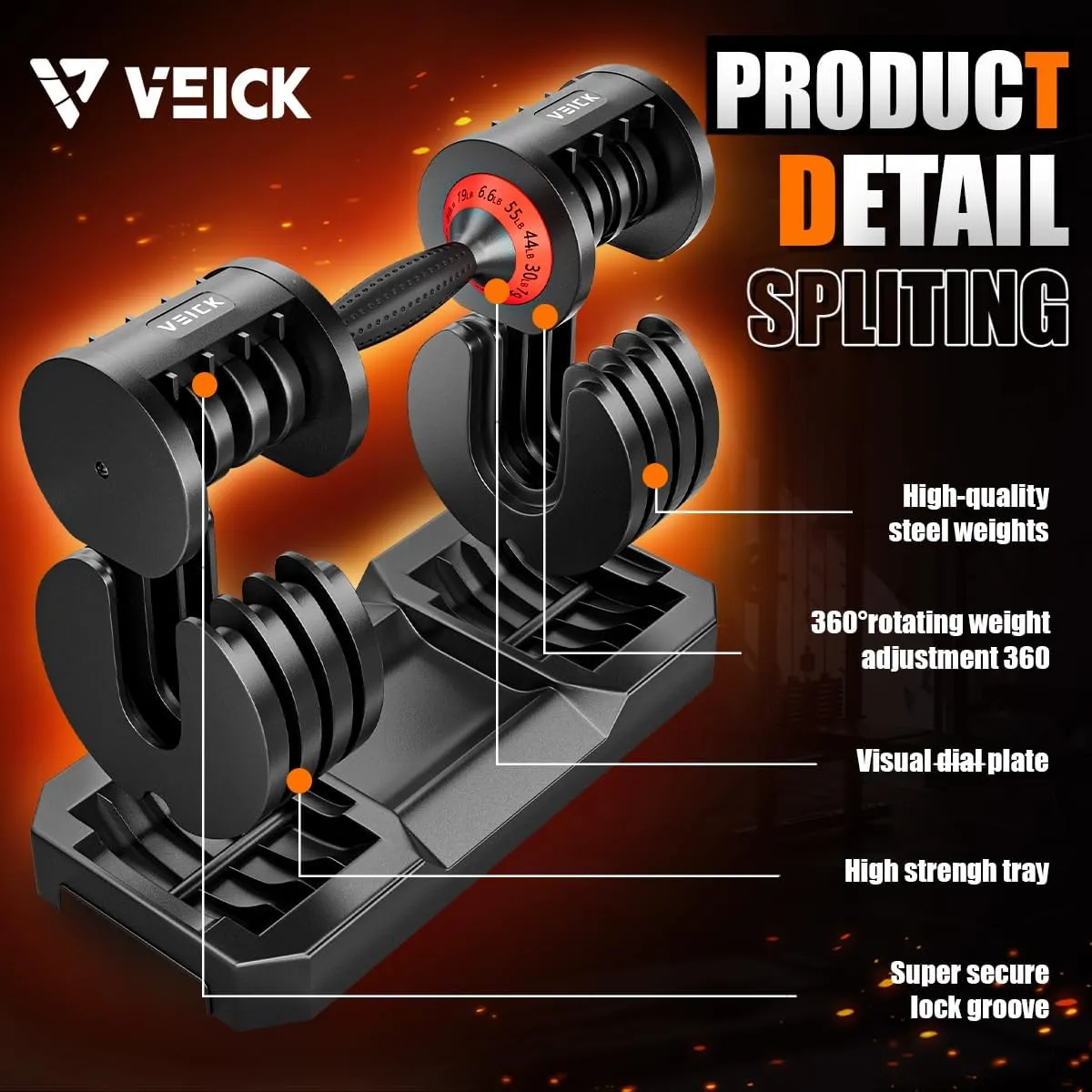 VEICK 25/55 lbs Adjustable Dumbbell With Anti-Slip Turning Handle, Fast Adjust Weight for Men Women, Tray for Home Gym Full Body Workout Fitness