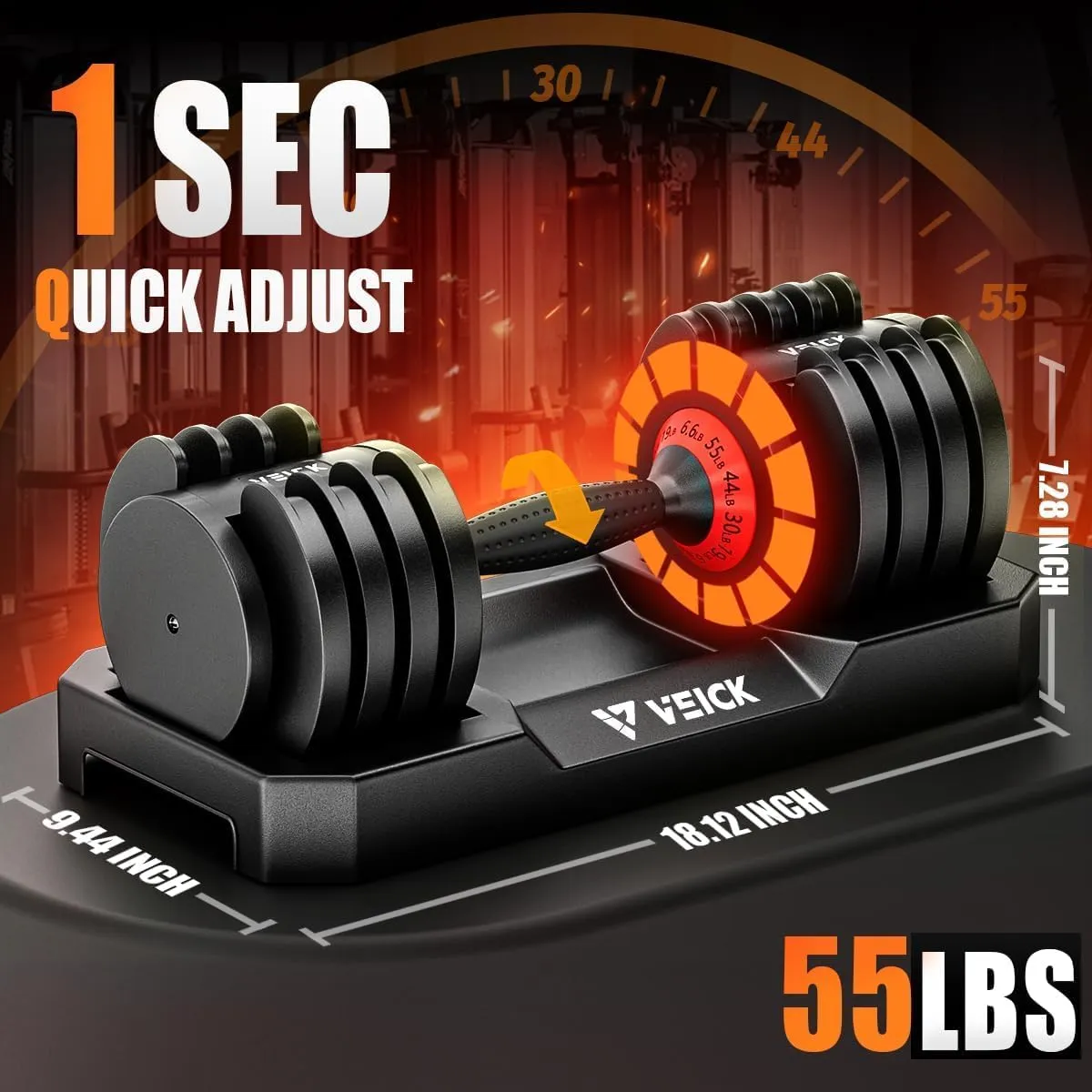 VEICK 25/55 lbs Adjustable Dumbbell With Anti-Slip Turning Handle, Fast Adjust Weight for Men Women, Tray for Home Gym Full Body Workout Fitness