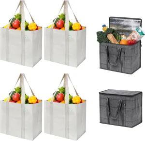 VENO 6 Pack Heavy-Duty Reusable Grocery Shopping Bags (4 x Large Beige   2 x Large Windowpane Insulated)