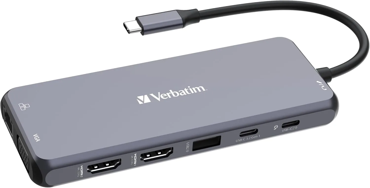 Verbatim USB C Hub 14-in-1 Multiport Adapter USB-C to HDMI, VGA, RJ45, USBA-A and USB-C PD, with SD Card Reader, for Mac, MacBook Pro/Air, iPad Pro, Thinkpad, Windows Computer, Laptop and Co, gray