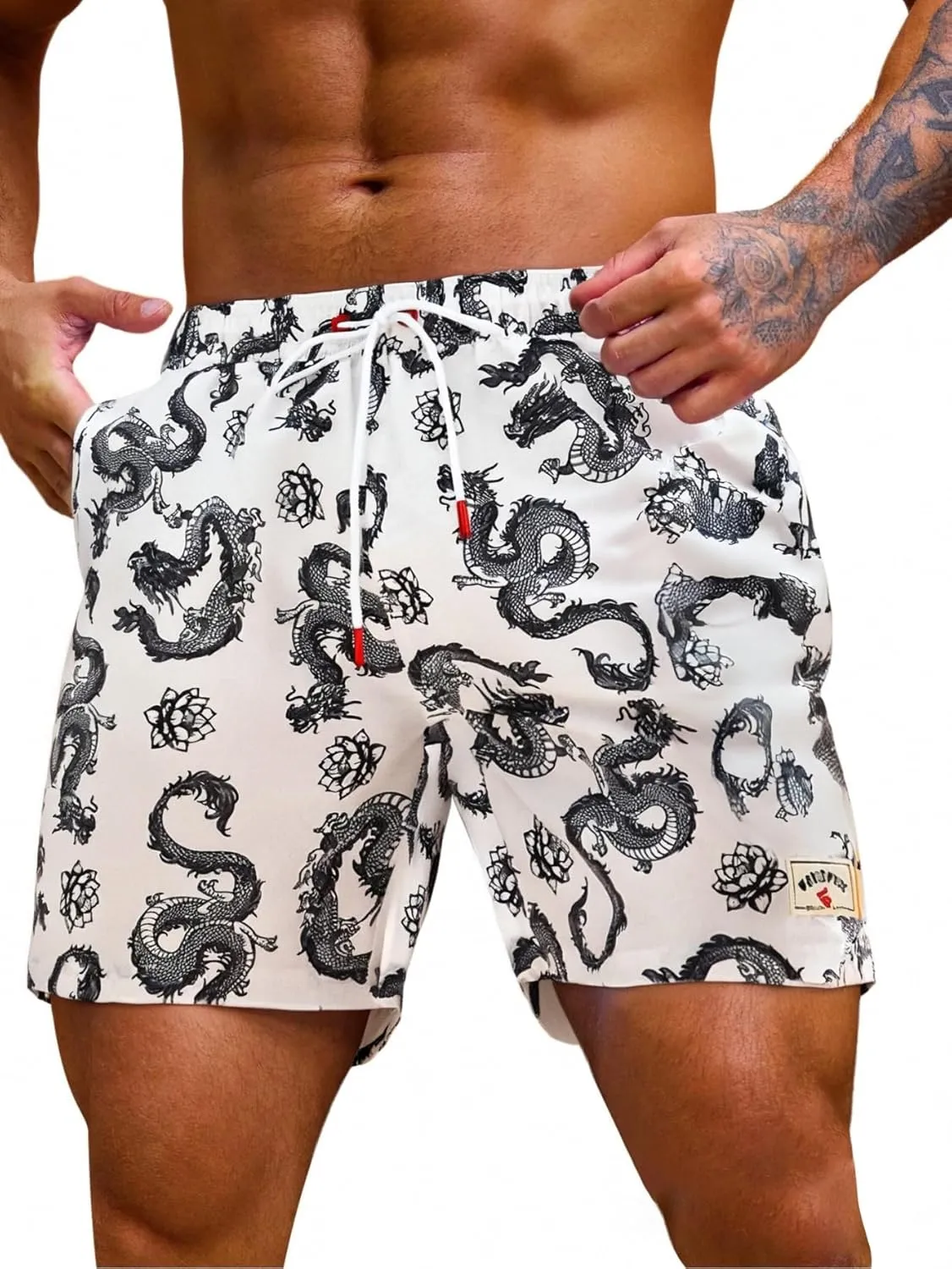 Verdusa Men's Drawstring Waist Swimwear Beach Shorts Swim Trunks with Pockets