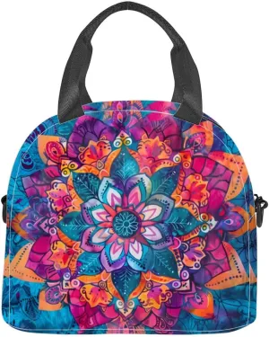 Vibrant jewel tones intricate bohemian mandala print featuring rich Insulated Adult Lunch Bag with Shoulder Strap for Women Lightweight Reusable Portable Freezable Lunch Tote Bag for Work Picnic