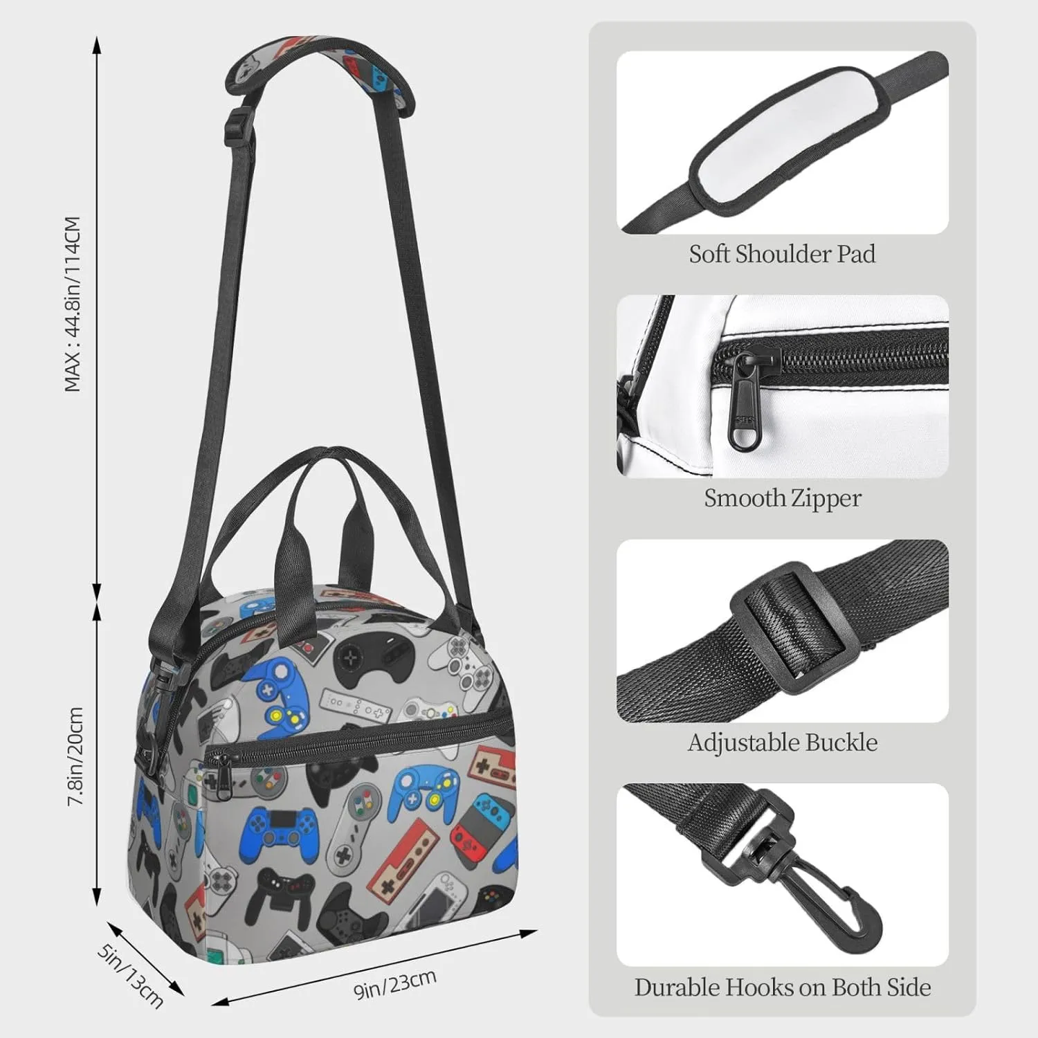 Video Game Controller Grey Background Lunch Bag with Adjustable Shoulder Strap for Women Men Reusable Lunch Box Leakproof Tote Bags Insulated Cooler for Work Travel Outdoor(9 x 5 x 7.8 Inches)