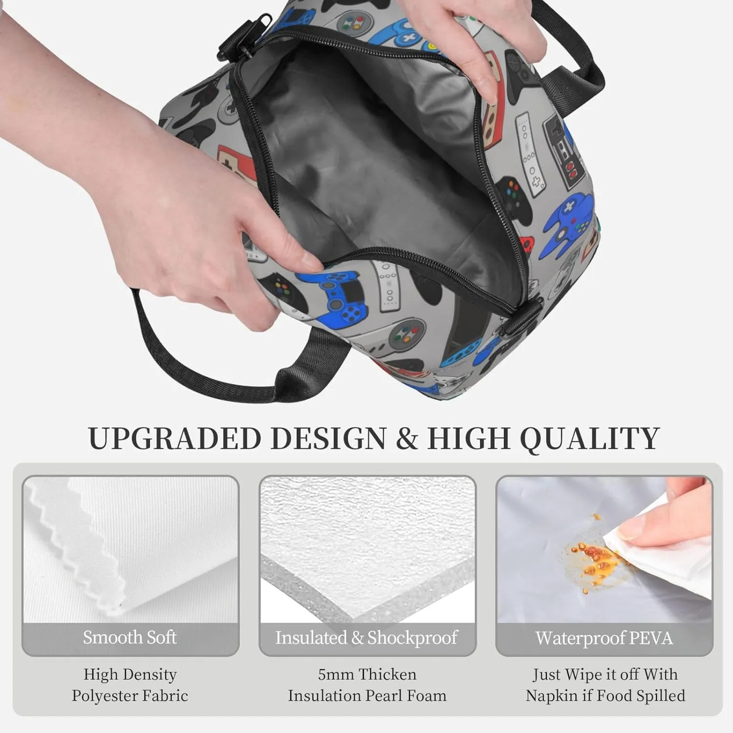 Video Game Controller Grey Background Lunch Bag with Adjustable Shoulder Strap for Women Men Reusable Lunch Box Leakproof Tote Bags Insulated Cooler for Work Travel Outdoor(9 x 5 x 7.8 Inches)