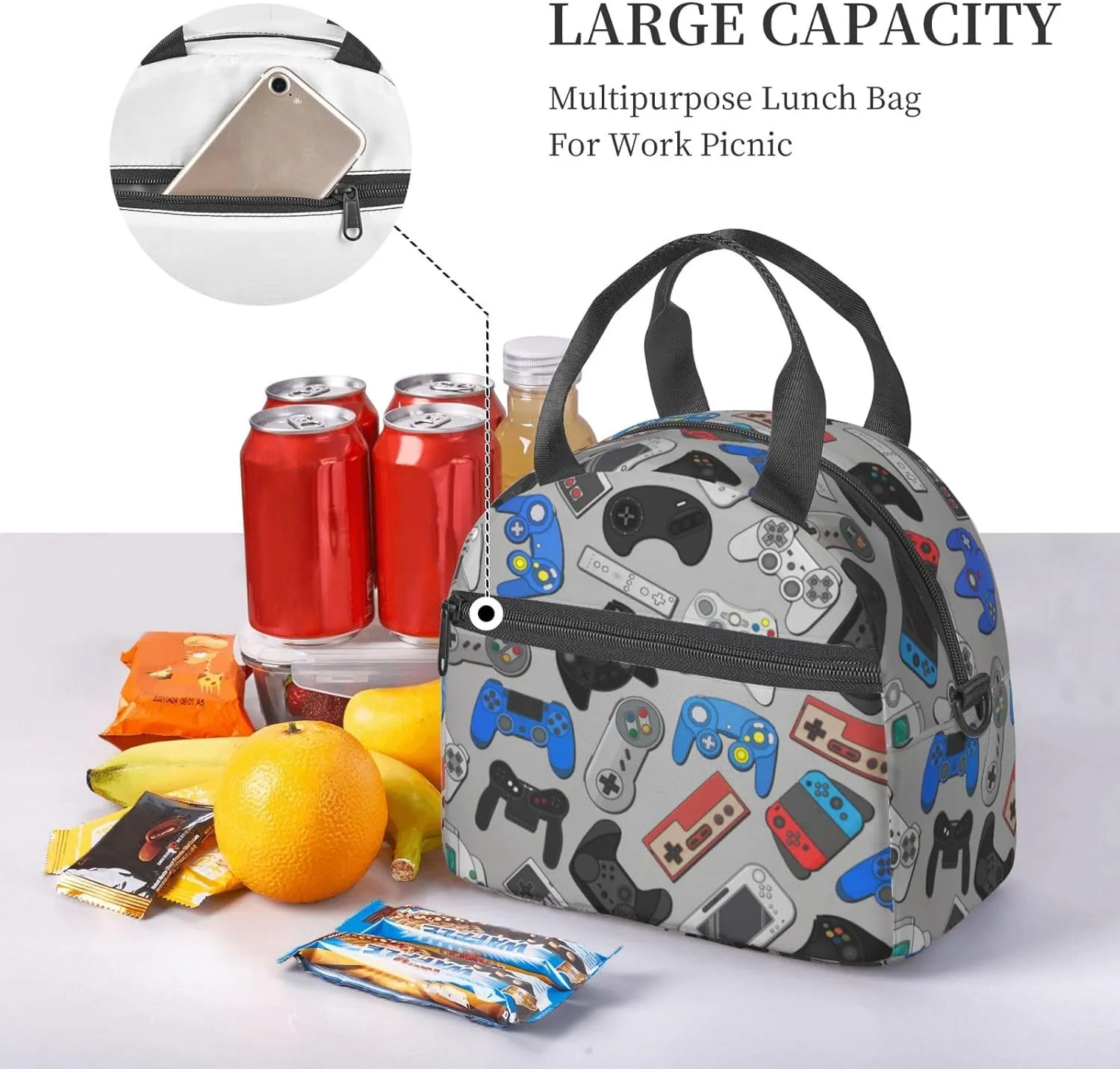 Video Game Controller Grey Background Lunch Bag with Adjustable Shoulder Strap for Women Men Reusable Lunch Box Leakproof Tote Bags Insulated Cooler for Work Travel Outdoor(9 x 5 x 7.8 Inches)