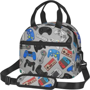 Video Game Controller Grey Background Lunch Bag with Adjustable Shoulder Strap for Women Men Reusable Lunch Box Leakproof Tote Bags Insulated Cooler for Work Travel Outdoor(9 x 5 x 7.8 Inches)