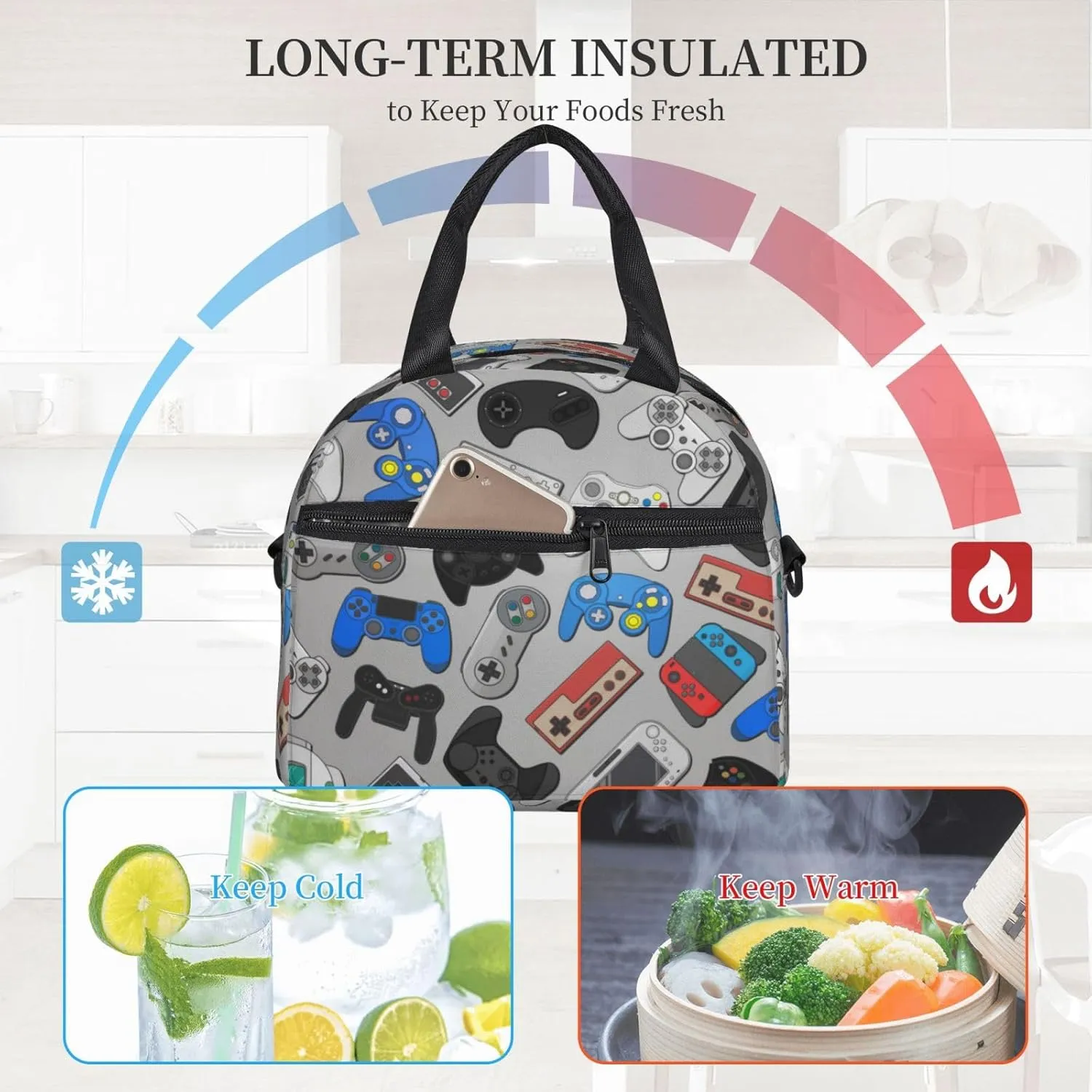 Video Game Controller Grey Background Lunch Bag with Adjustable Shoulder Strap for Women Men Reusable Lunch Box Leakproof Tote Bags Insulated Cooler for Work Travel Outdoor(9 x 5 x 7.8 Inches)