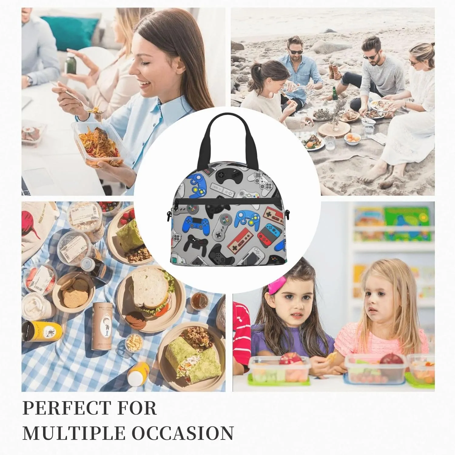 Video Game Controller Grey Background Lunch Bag with Adjustable Shoulder Strap for Women Men Reusable Lunch Box Leakproof Tote Bags Insulated Cooler for Work Travel Outdoor(9 x 5 x 7.8 Inches)