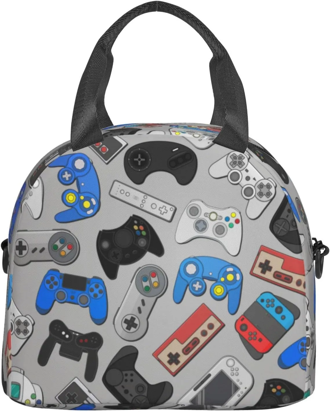 Video Game Controller Grey Background Lunch Bag with Adjustable Shoulder Strap for Women Men Reusable Lunch Box Leakproof Tote Bags Insulated Cooler for Work Travel Outdoor(9 x 5 x 7.8 Inches)
