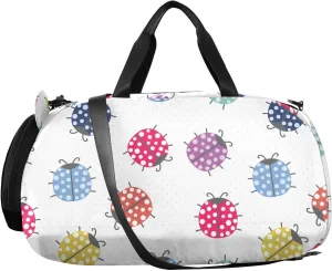 VIGTRO Cute Ladybugs Boys Girls Sports Travel Duffel Bags with Shoes Compartment, Colorful Dots Weekender Overnight Gym Bag for Swimming, Dancing, Outing