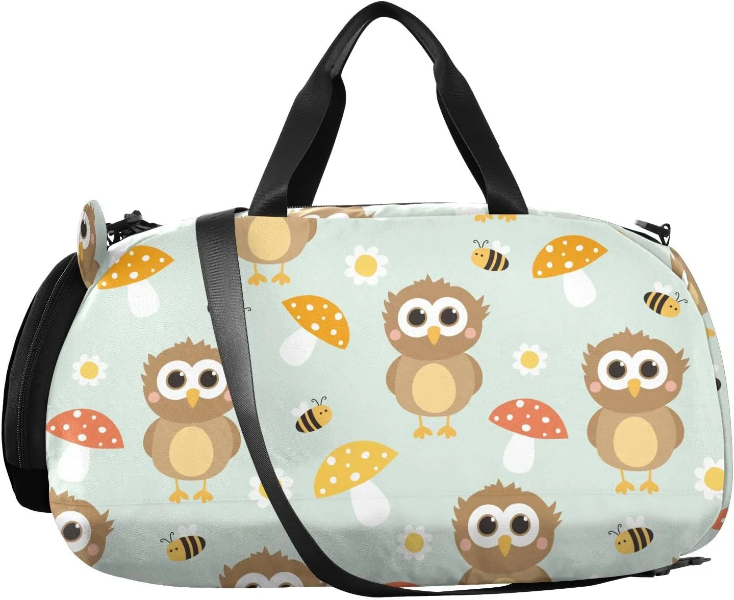 VIGTRO Cute Owl Mushroom Bee Daisy Kids Overnight Travel Duffel Bag Sport Gym Bag for Boys Girls with Shoe Compartment, Carry On Weekender Luggage Bag for Dance Swim Yoga