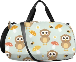 VIGTRO Cute Owl Mushroom Bee Daisy Kids Overnight Travel Duffel Bag Sport Gym Bag for Boys Girls with Shoe Compartment, Carry On Weekender Luggage Bag for Dance Swim Yoga