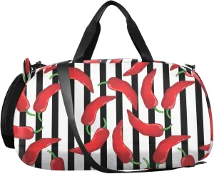 VIGTRO Red Pepper on Lines Background Boys Girls Sports Travel Duffel Bags with Shoes Compartment, Weekender Overnight Gym Bag for Swimming, Dancing, Outing