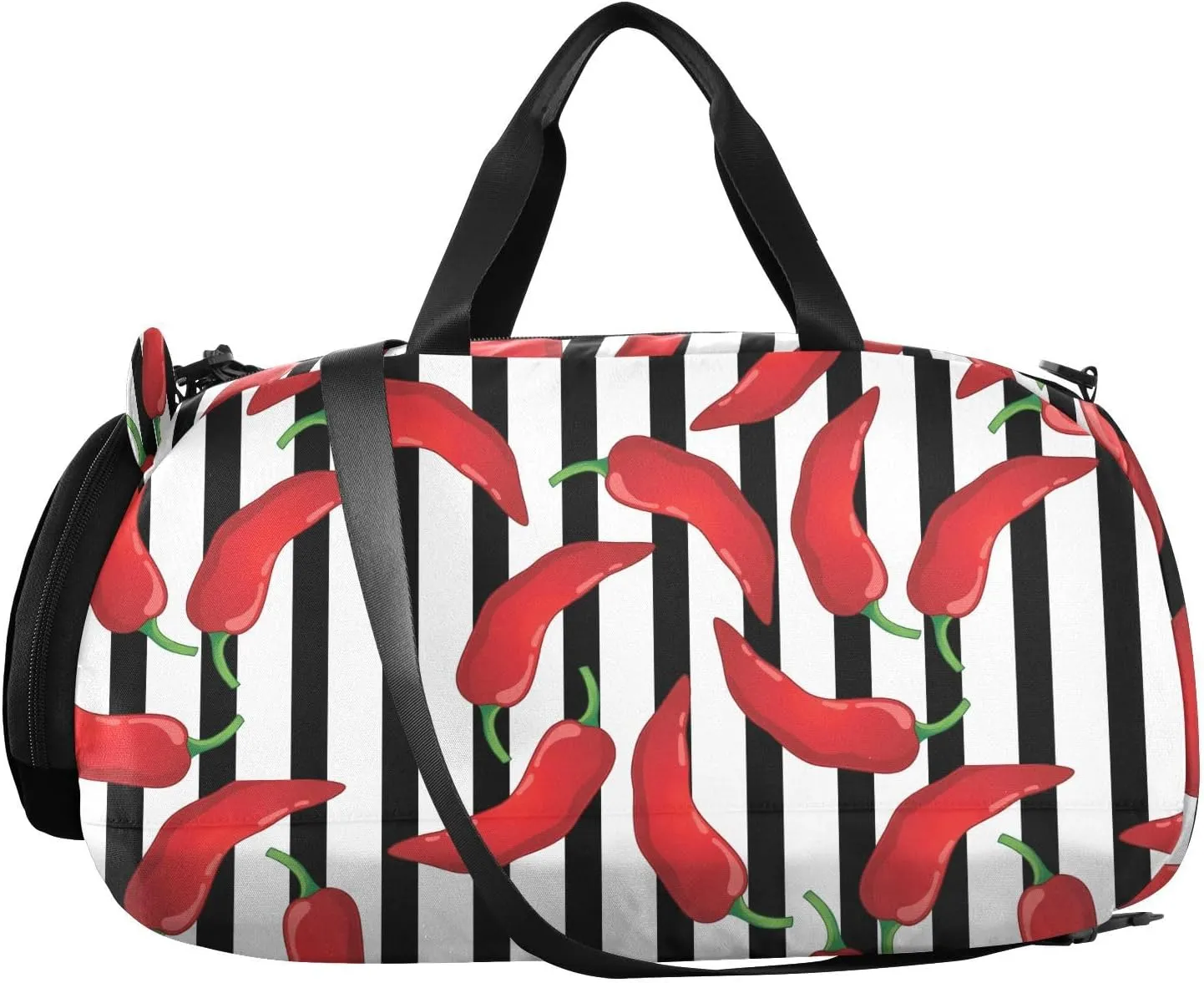 VIGTRO Red Pepper on Lines Background Boys Girls Sports Travel Duffel Bags with Shoes Compartment, Weekender Overnight Gym Bag for Swimming, Dancing, Outing