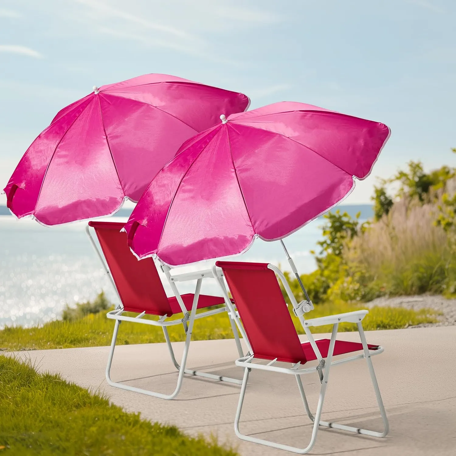 VINGLI Beach Chair with Umbrella, Beach Chair with 360°Canopy Shadefor Adults，Camping Chairs for Camping, Pool, Fishing-Pink
