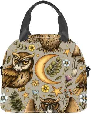 Vintage mystery owl buttercups flowers and fern beige Insulated Adult Lunch Bag with Shoulder Strap for Women Lightweight Reusable Portable Freezable Lunch Tote Bag for Work Picnic