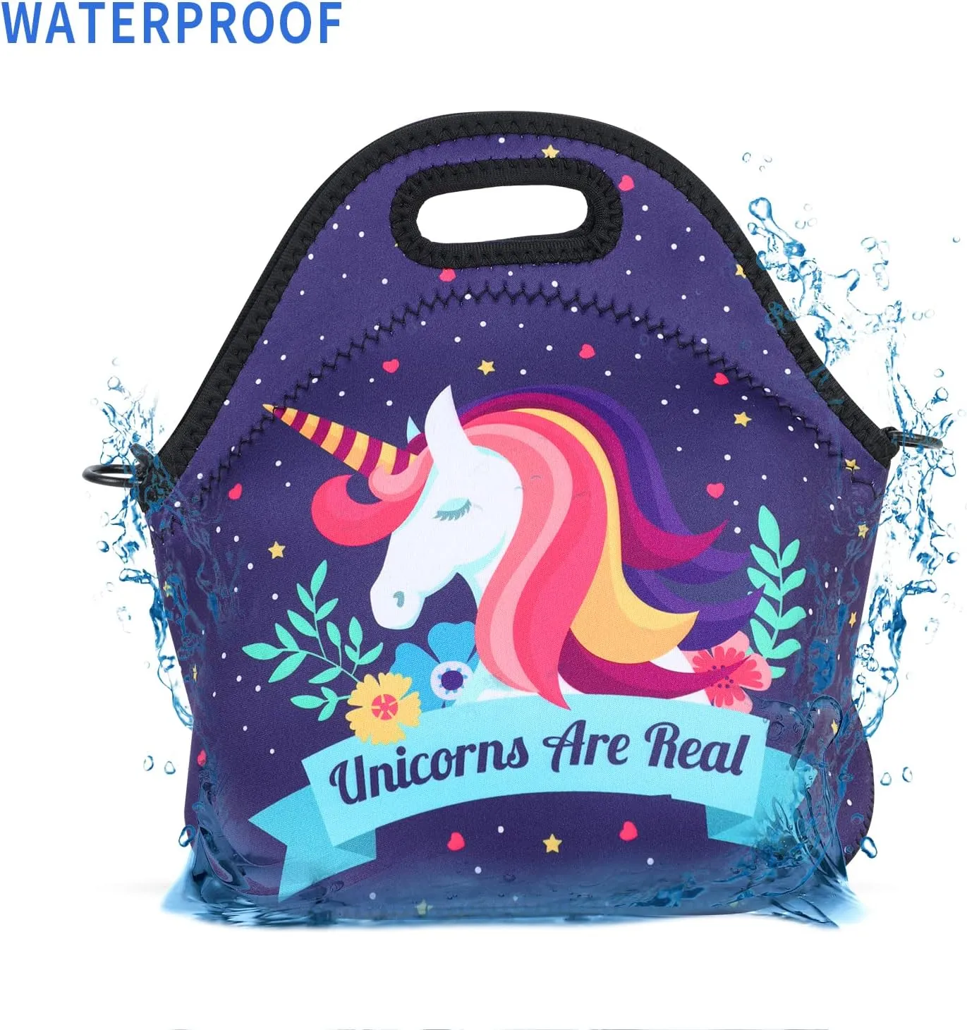 Violet Mist Insulated Neoprene Lunch Bags Tote Detachable Adjustable Shoulder Thermal Waterproof Cartoon Large Capacity Outdoor Picnic Lunch Box for Women men Adults (Unicorn3)
