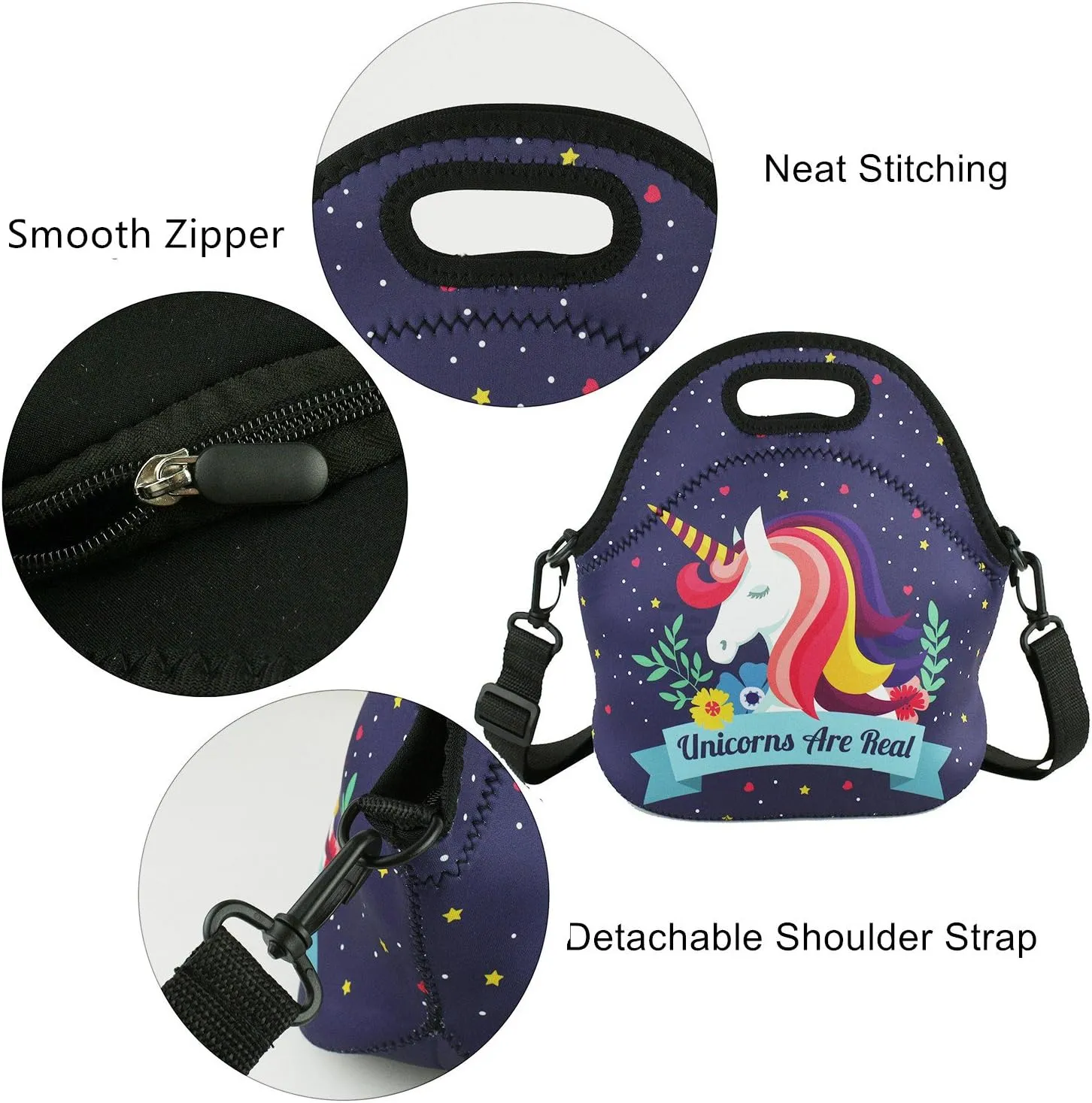 Violet Mist Insulated Neoprene Lunch Bags Tote Detachable Adjustable Shoulder Thermal Waterproof Cartoon Large Capacity Outdoor Picnic Lunch Box for Women men Adults (Unicorn3)